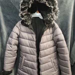 Women's Lavender Puffer Coat with Faux Fur Trim